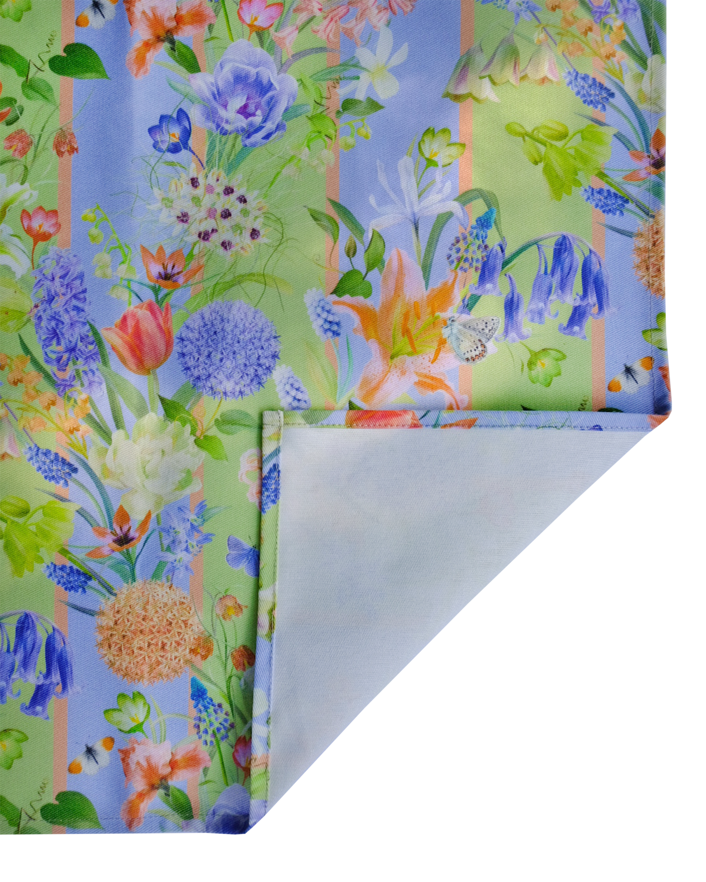 Colourful floral-patterned fabric showing corner hem detail