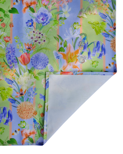 Colourful floral-patterned fabric showing corner hem detail