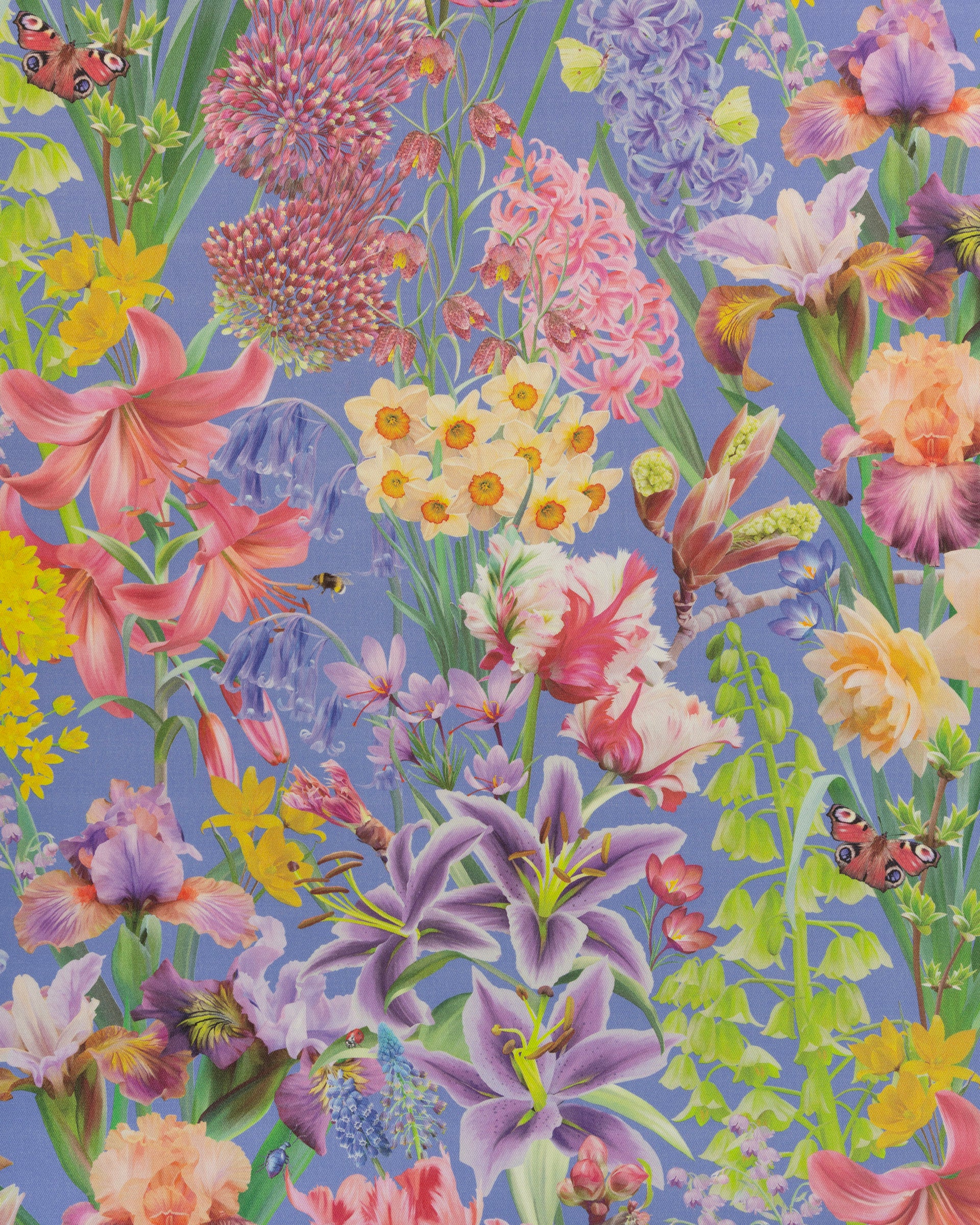 Burst Into Bloom Blue cotton twill furnishing fabric in vibrant plum showing detailed botanical floral pattern for curtains and cushions.