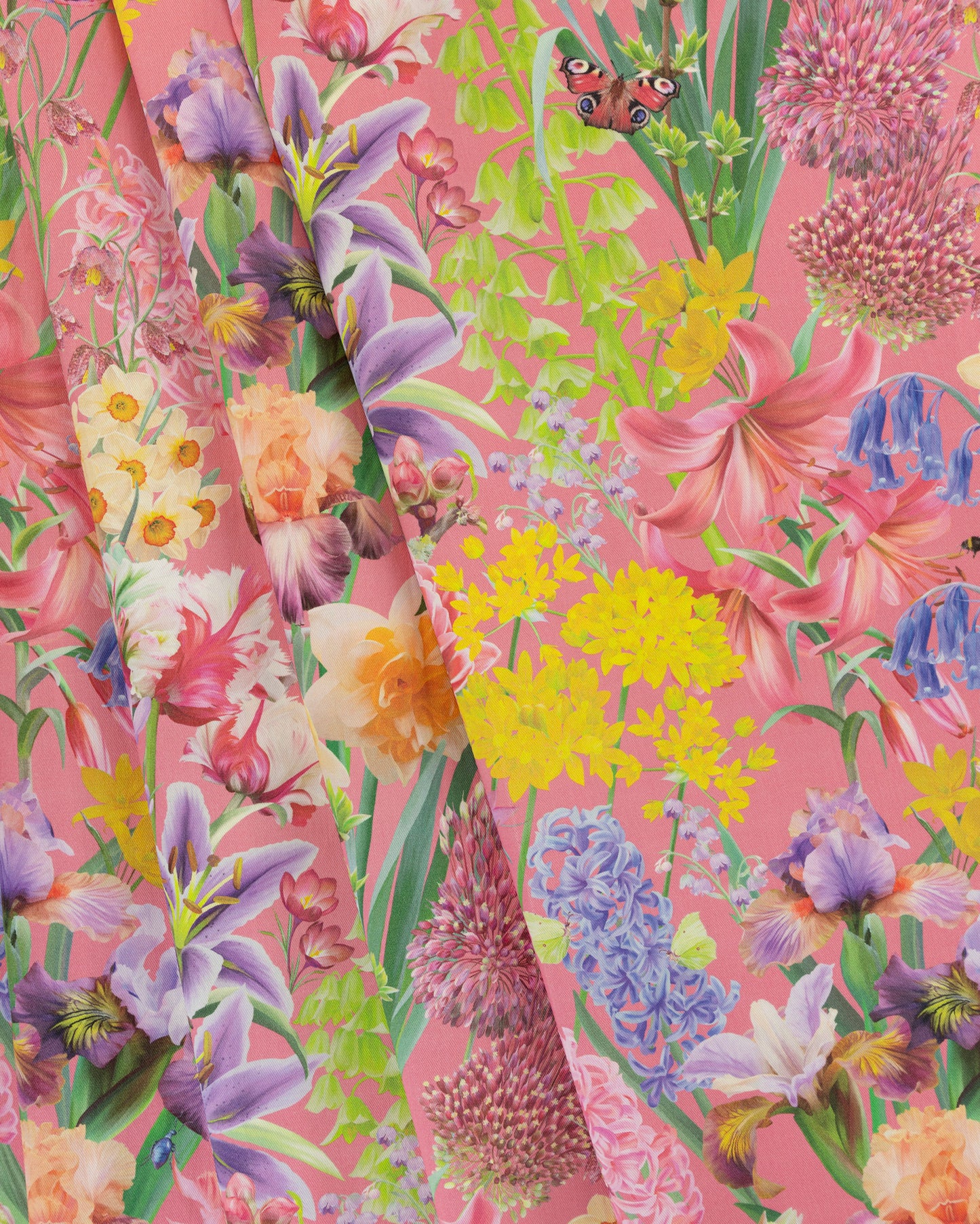 Burst Into Bloom Pink botanical floral fabric featuring hand painted crocus, alliums and summer flowers in plum, yellow and blue on a hot magenta background.