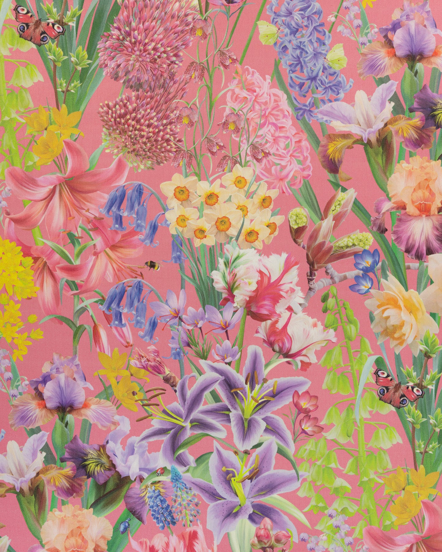 Burst Into Bloom cotton twill furnishing fabric in hot pink showing detailed botanical floral pattern for curtains and cushions.
