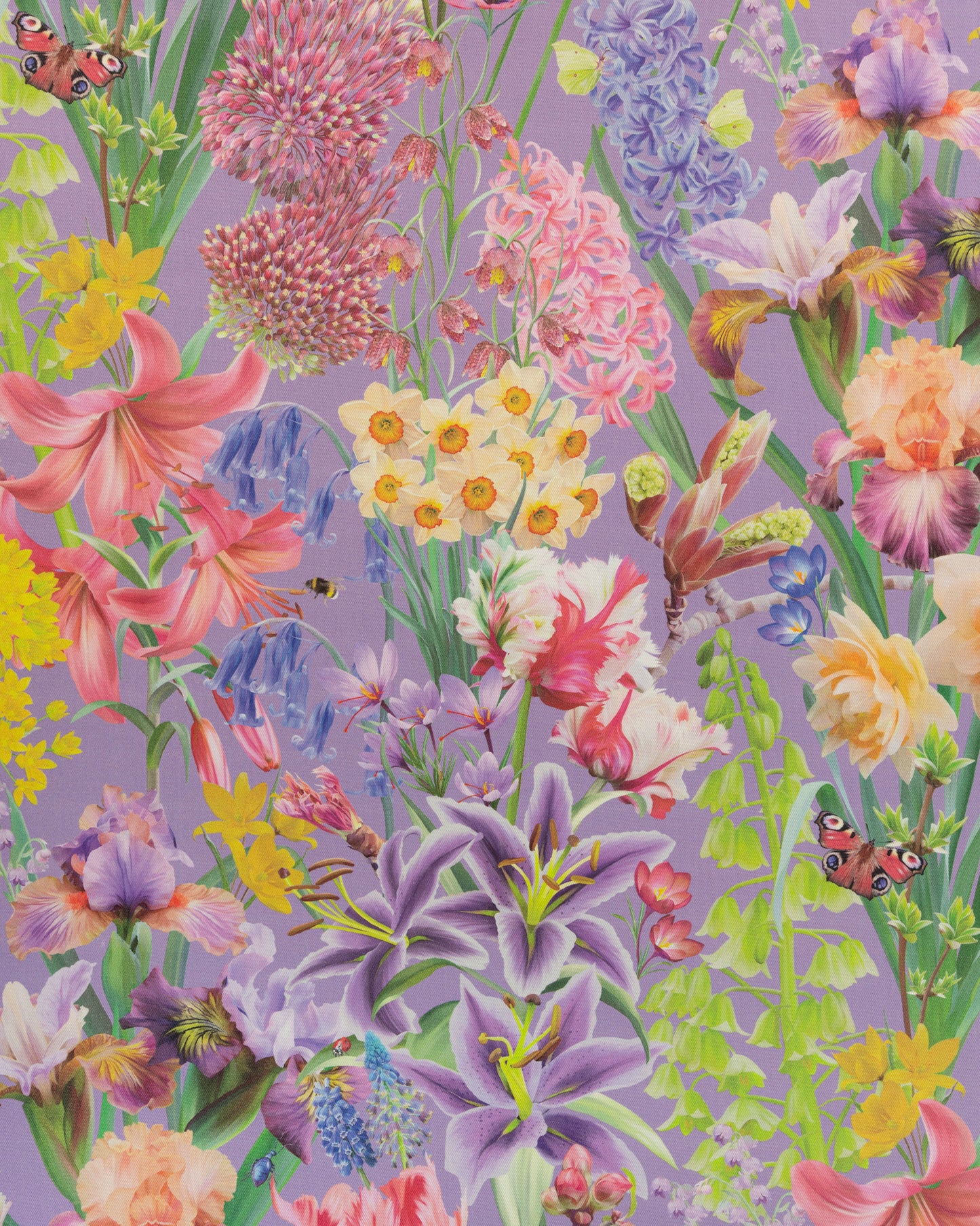 Burst Into Bloom cotton twill furnishing fabric in vibrant plum showing detailed botanical floral pattern for curtains and cushions.
