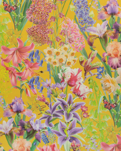 Burst Into Bloom cotton twill furnishing fabric in bright yellow showing detailed botanical floral pattern for curtains and cushions.