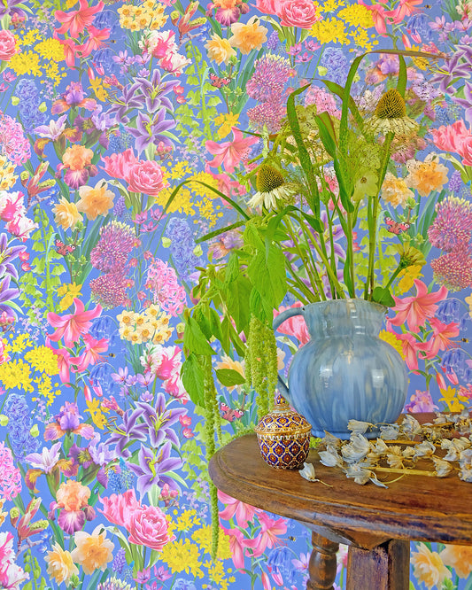Colourful luxury wallpaper in bright blue with a spring floral pattern for contemporary interiors