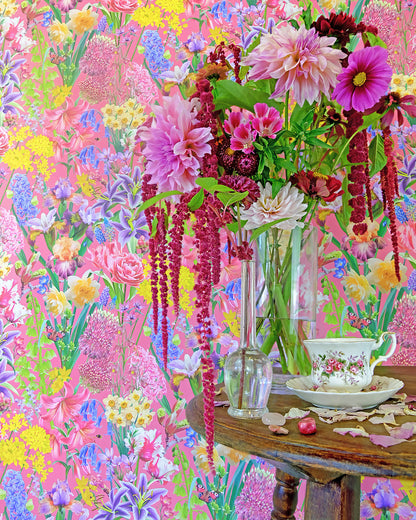 Colourful luxury wallpaper in hot pink with a spring floral pattern for contemporary interiors
