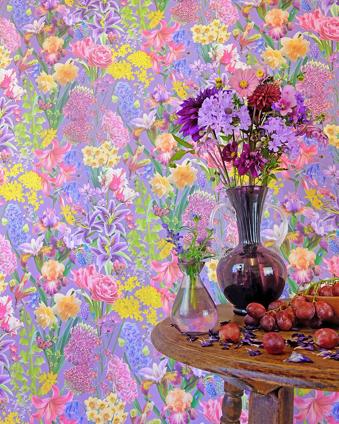 Colourful luxury wallpaper in amethyst purple with a spring floral pattern for contemporary interiors
