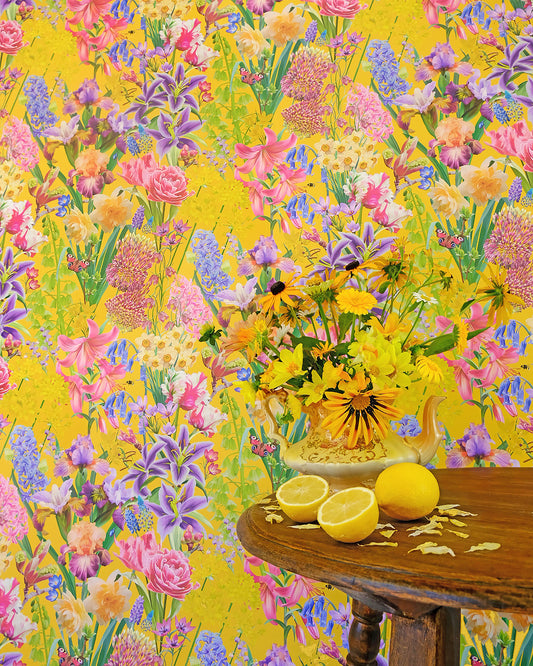 Colourful luxury wallpaper in dark yellow with a spring floral pattern for modern interiors