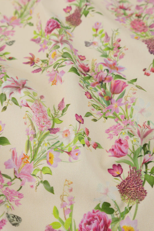 Eternal Drift Blossom Haze pink organic cotton gabardine floral fabric close up showing woven texture detail