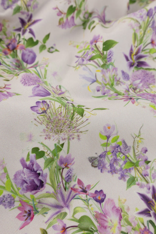 Eternal Drift Lilac Whisper purple organic cotton gabardine floral fabric close up showing woven texture detail