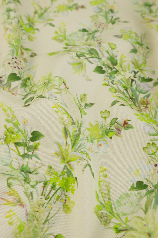Eternal Drift Radiant Meadow green organic cotton gabardine floral fabric close up showing woven texture detail