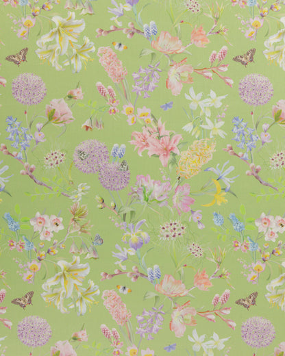 Hopeful Beginnings fabric in green featuring hand drawn English garden flowers including daffodils, Lillies and iris on a soft green background.