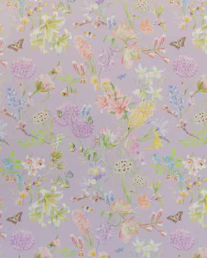 Hopeful Beginnings fabric in light purple featuring hand drawn English garden flowers including hyacinths, Lillies and alliums on a soft lavender background.