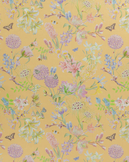Hopeful Beginnings fabric in yellow featuring hand drawn English garden flowers including daffodils, Lillies and bluebells on a soft lemon background.