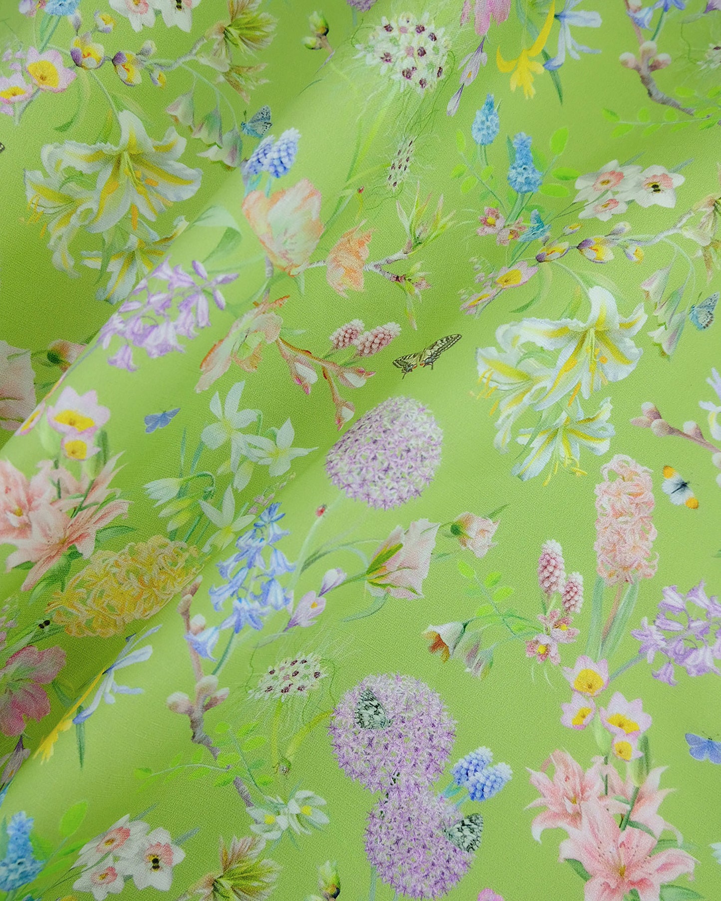Pastel green conscious hemp fabric in a cottage inspired flowering hand drawn design