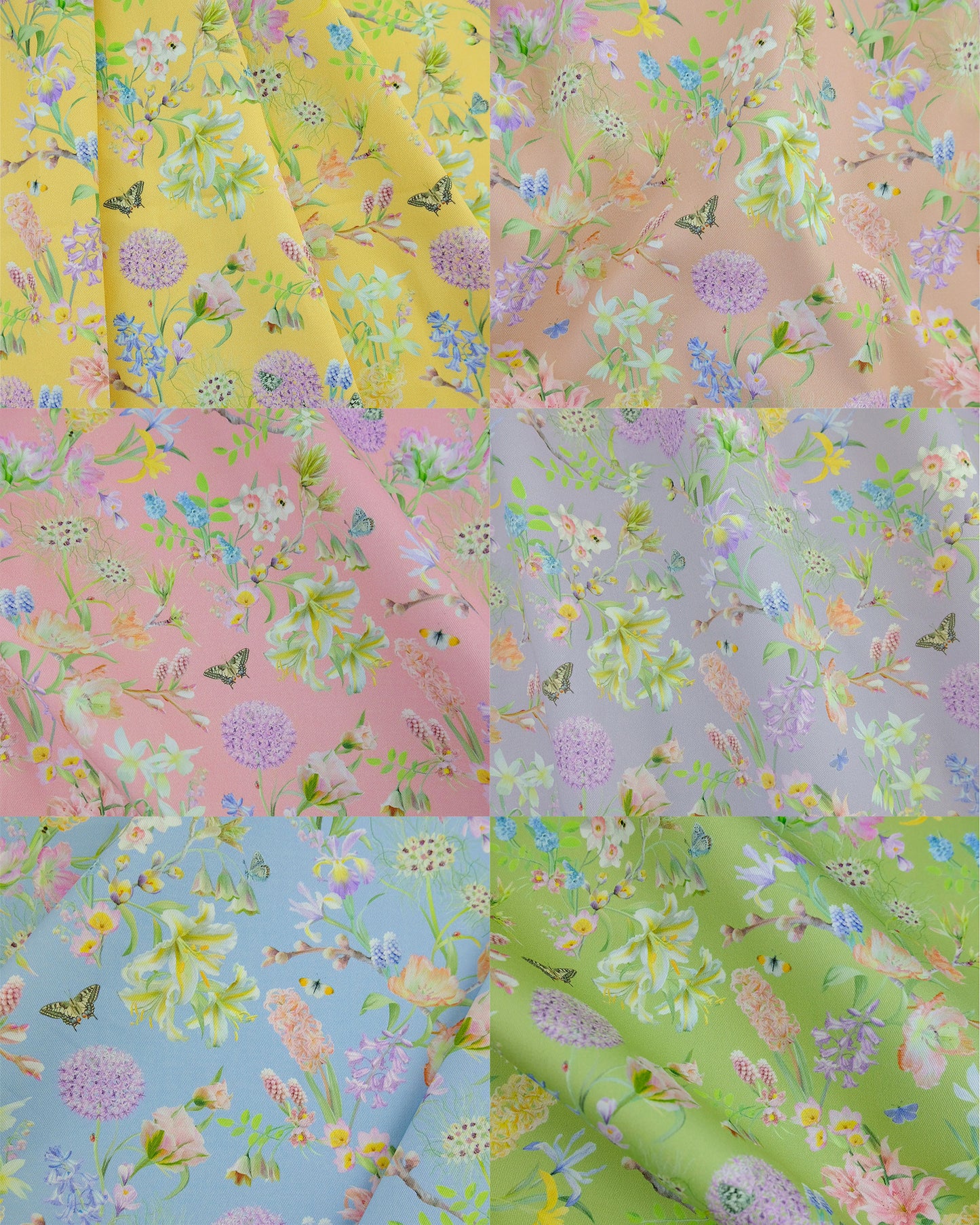 a rainbow of hopeful beginnings 100% organic cotton twill fabric with soft pastel florals in yellow, peach, pink, purple, blue and green.