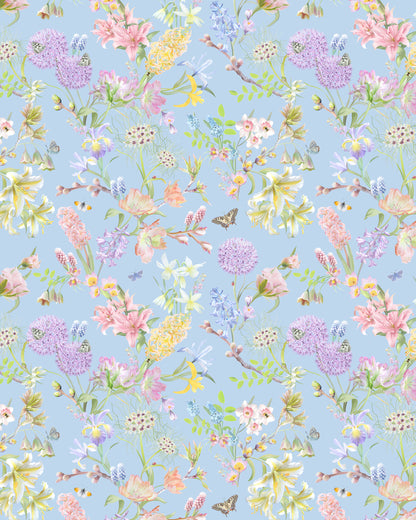 Pale luxury wallpaper in baby blue with a delicate floral pattern for children's interiors