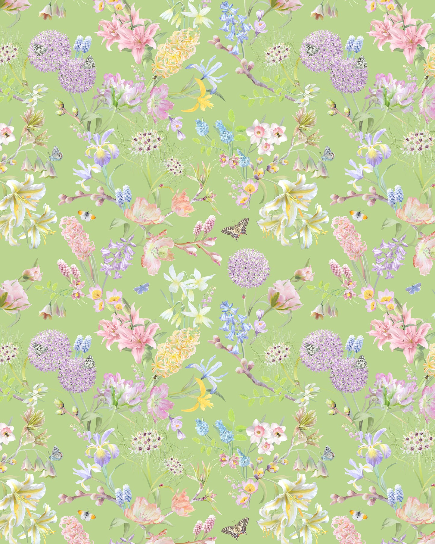 Pale luxury wallpaper in pastel green with a delicate floral pattern for colourful interiors