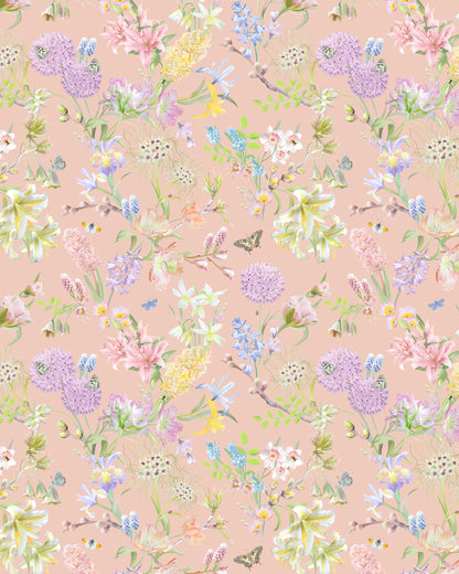 Pale luxury wallpaper in baby peach with a delicate floral pattern for traditional interiors