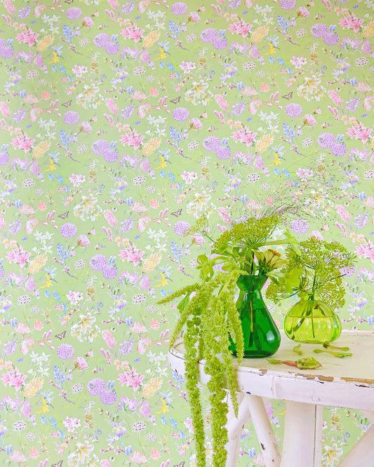 Light green designer wall covering with a hand illustrated nature inspired design for modern home decor