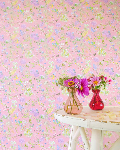 Pale luxury wallpaper in baby pink with a delicate floral pattern for colourful children's interiors