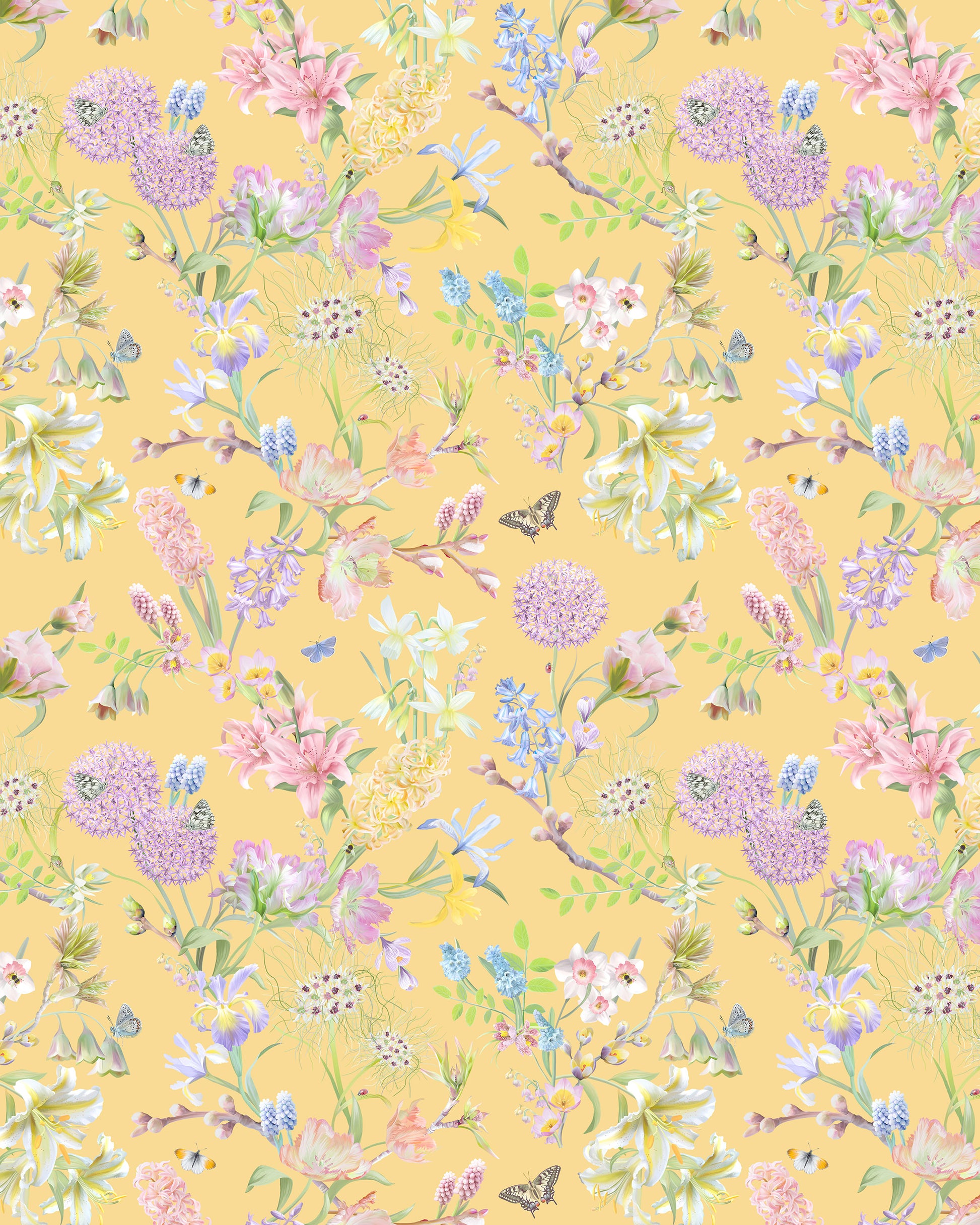 Pale luxury wallpaper in pastel yellow with a delicate floral pattern for colourful happy interiors