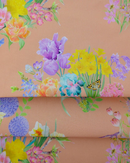 Bright peach optimism renewed traditional floral material for soft furnishings and interiors in organic cotton poplin