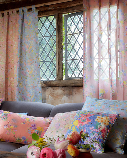 cottage style interior design with organic cotton sustainable window dressings in optimism renewed floral patterned fabric and cushions