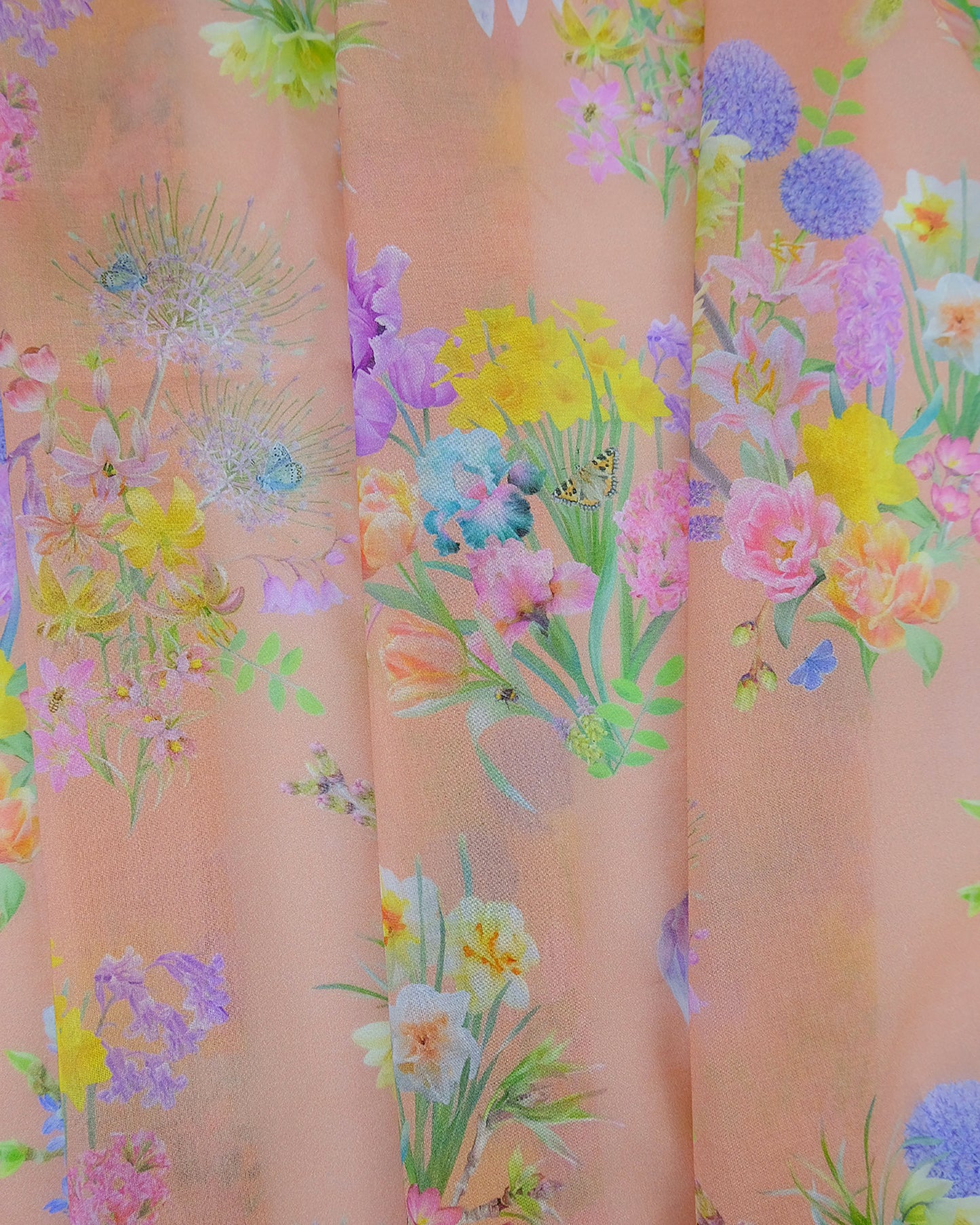 Light weight eco friendly fabric in a luxury floral illustrated bright peach for colourful window dressings