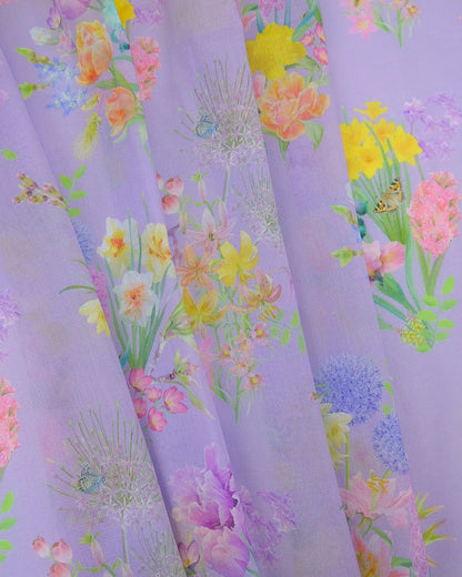 Sheer organic cotton burst into bloom lilac colourful net curtains for bed canopy drapes.