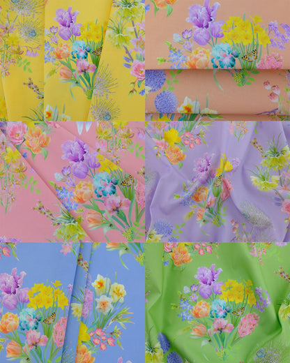 a collection of 100% organic cotton poplin fabrics for interiors, fashion and crafts in yellow, peach, pink, purple, blue and green.