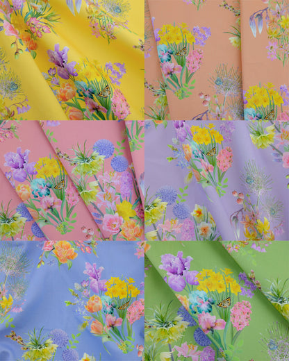 a rainbow of floral patterned 100% organic cotton twill fabrics for curtains, blinds and cushions in yellow, peach, pink, purple, blue, green.
