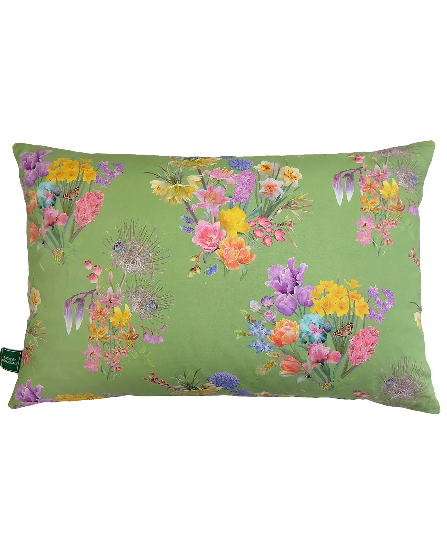 Bright green hemp cushion for uplifting eco friendly home decor ideas with luxury botanical print