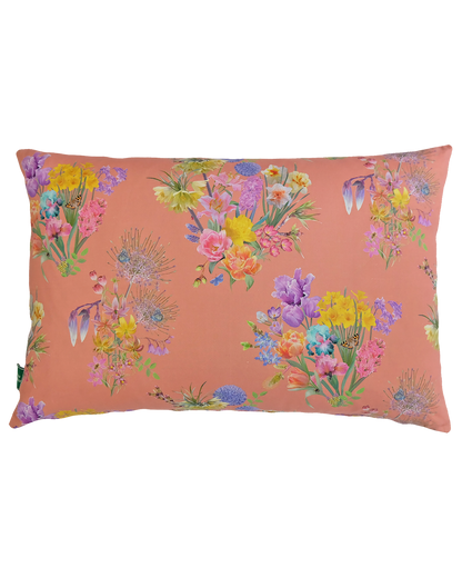 Bright peach hemp pillow for fun organic interior decorations with spring flower designer fabric