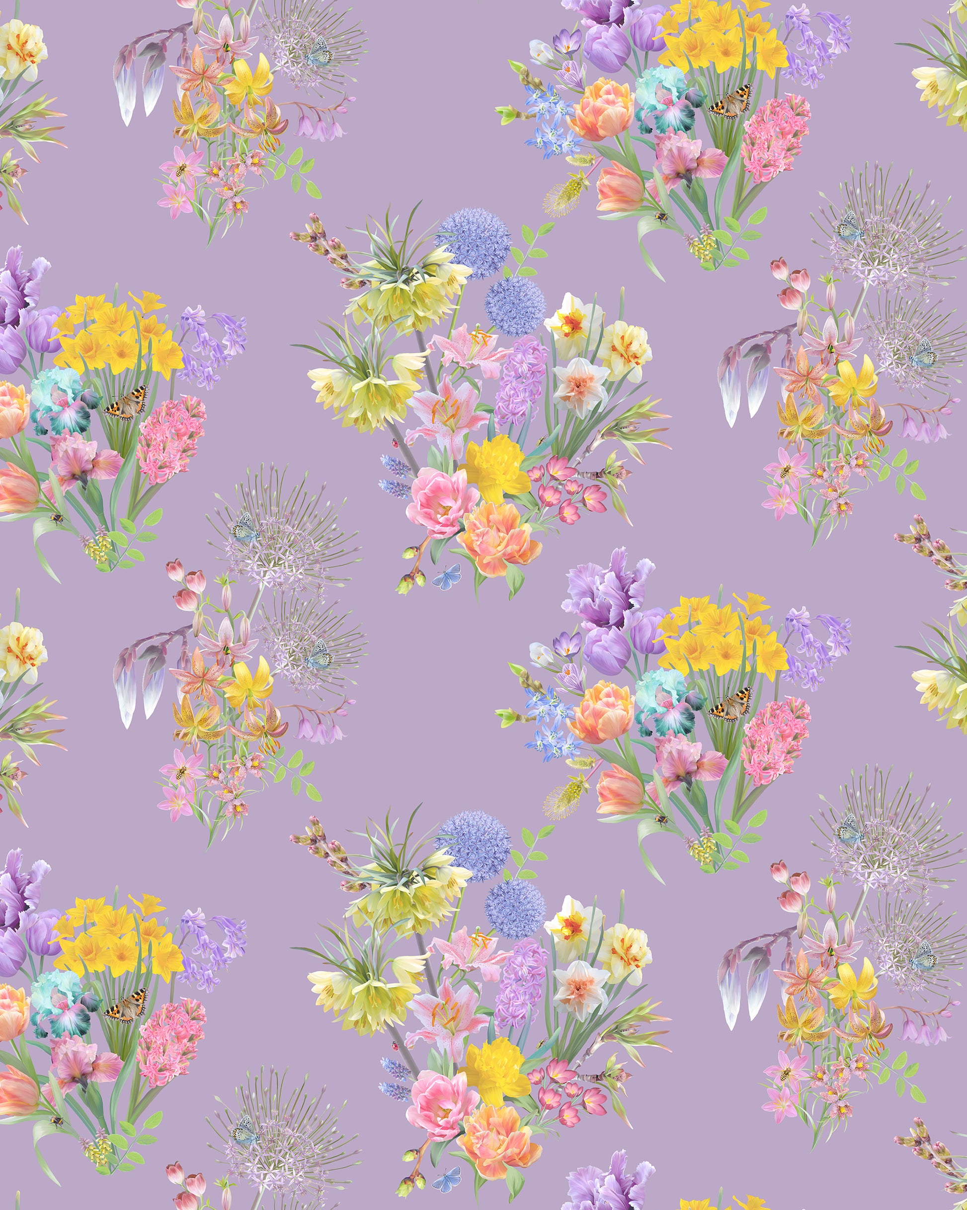 Colourful wallpaper in violet purple with a hand drawn flower design for luxury creative home decor