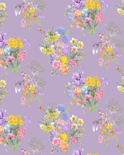 Colourful wallpaper in violet purple with a hand drawn flower design for luxury creative home decor