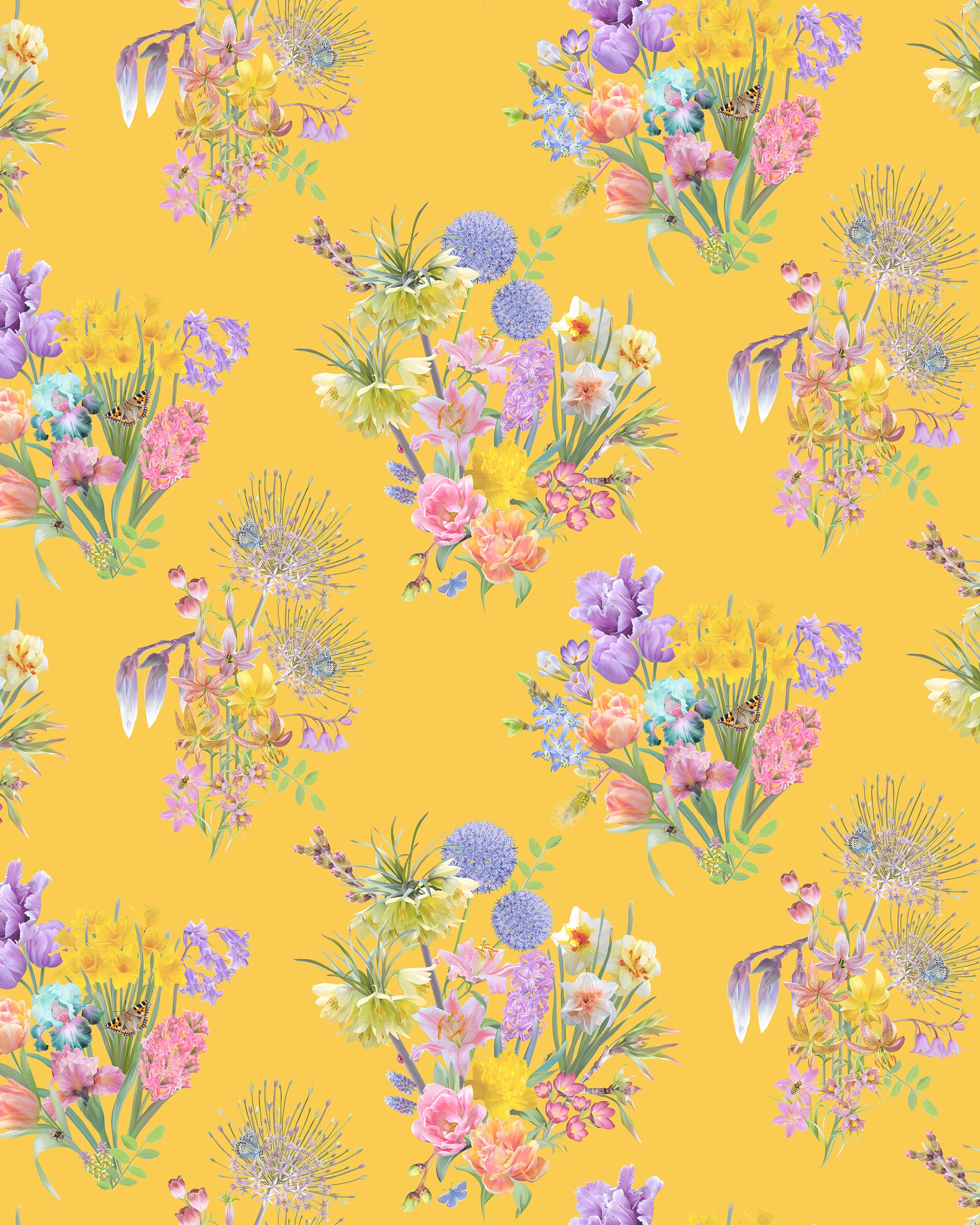 Colourful wallpaper in canary yellow with a hand drawn flower design for luxury creative home decor