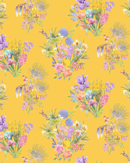Colourful wallpaper in canary yellow with a hand drawn flower design for luxury creative home decor