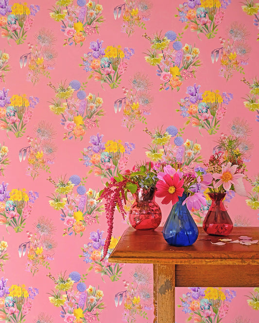 Colourful luxury wallpaper in rose pink with a spring floral pattern for traditional cottage interiors