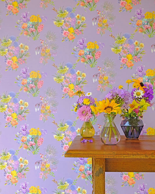 Colourful luxury wallpaper in mauve with a spring floral pattern for traditional cottage interiors