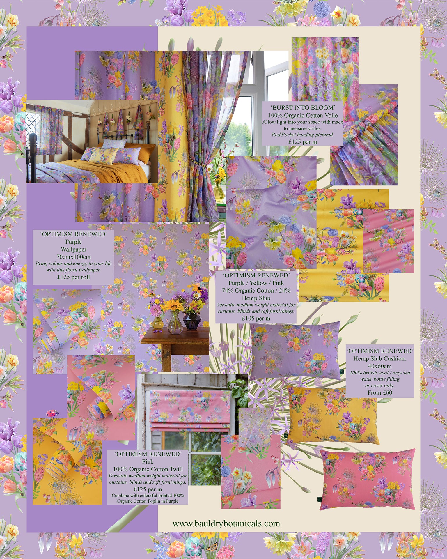 design and create your perfect home with optimism renewed in purple pink and yellow including cushions, wallpapers and fabrics