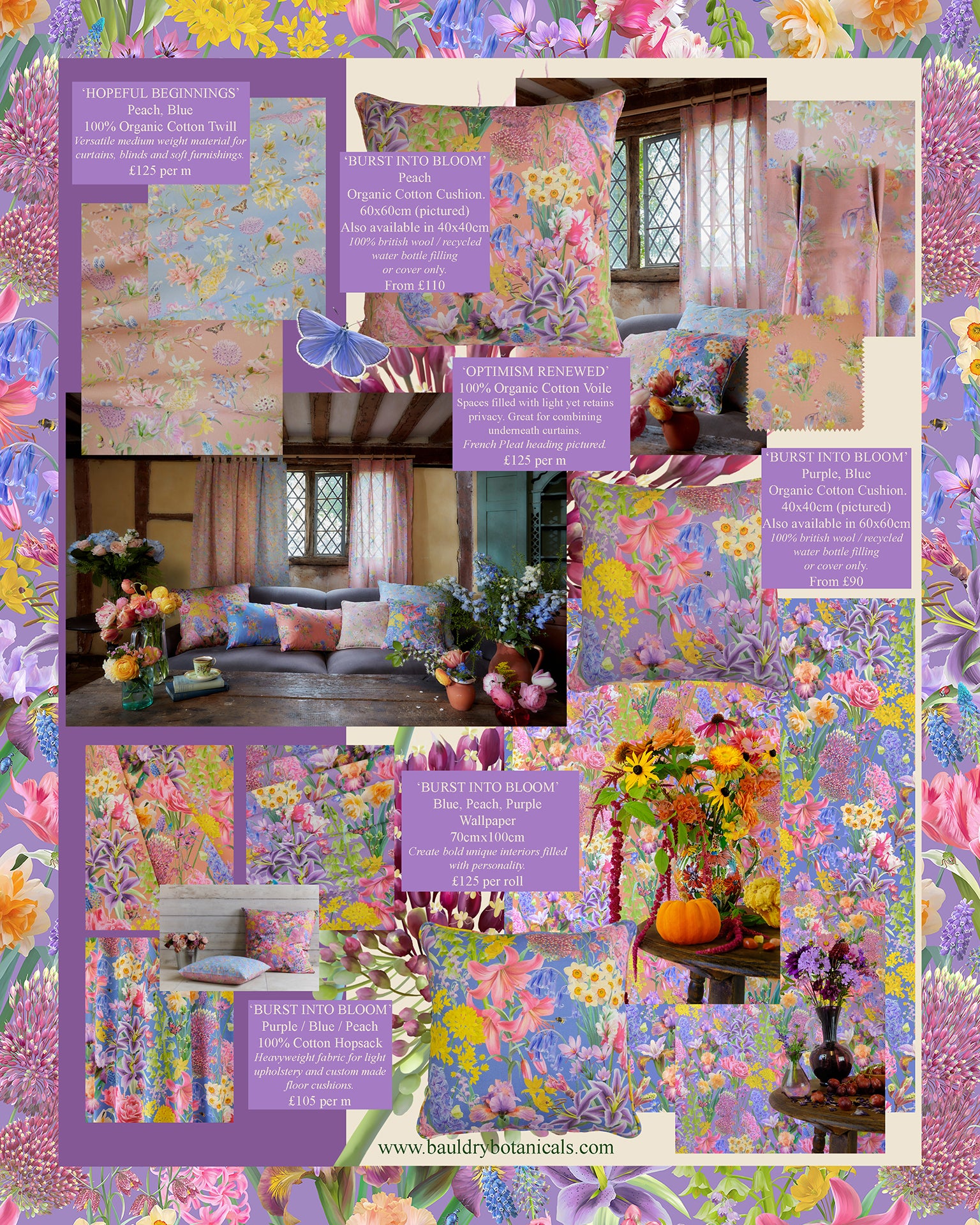 bold colourful interior design inspiration using floral pattern wallpaper, cushions and fabrics by bauldry botanicals