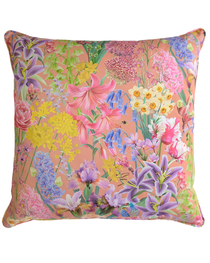 Bright peach spring floral designer piped cushion for maximal interiors in organic sustainable fabrics