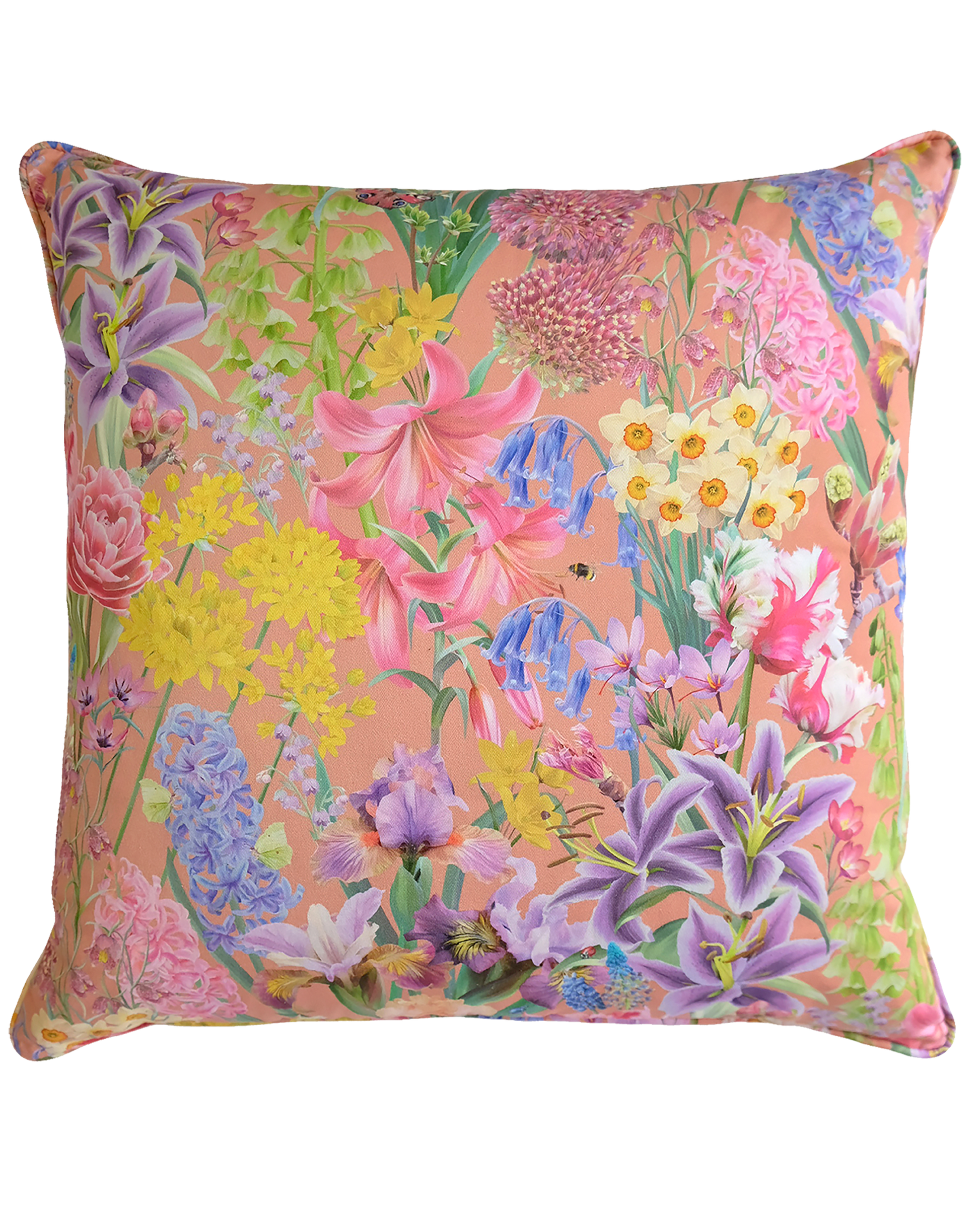 Bright peach spring floral designer piped cushion for maximal interiors in organic sustainable fabrics
