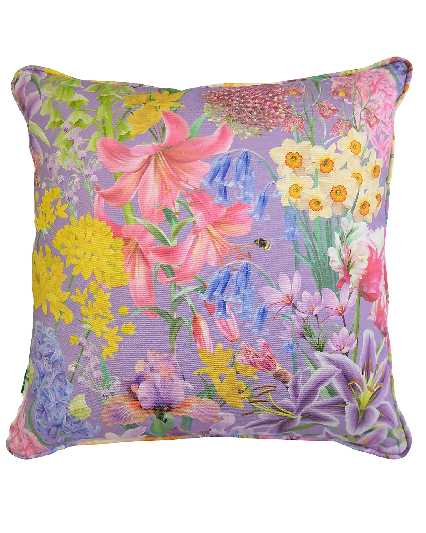 Amethyst purple spring floral designer piped cushion for colourful interiors in organic sustainable fabrics