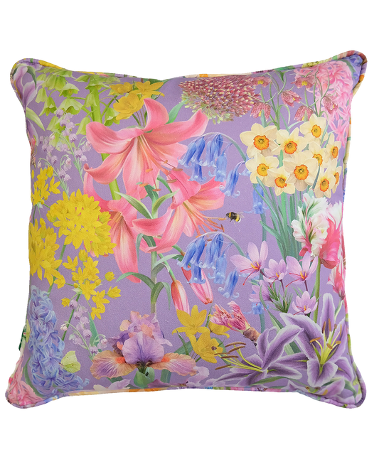 Amethyst purple spring floral designer piped cushion for colourful interiors in organic sustainable fabrics