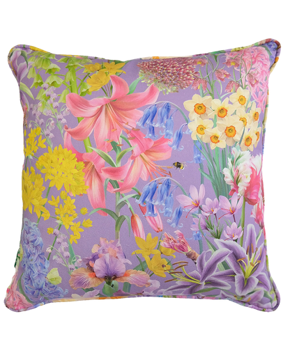 Amethyst purple spring floral designer piped cushion for colourful interiors in organic sustainable fabrics