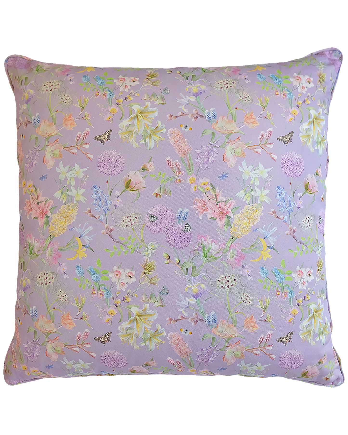 pale lilac relaxing cushion with a delicate floral hand drawn print in organic cotton 