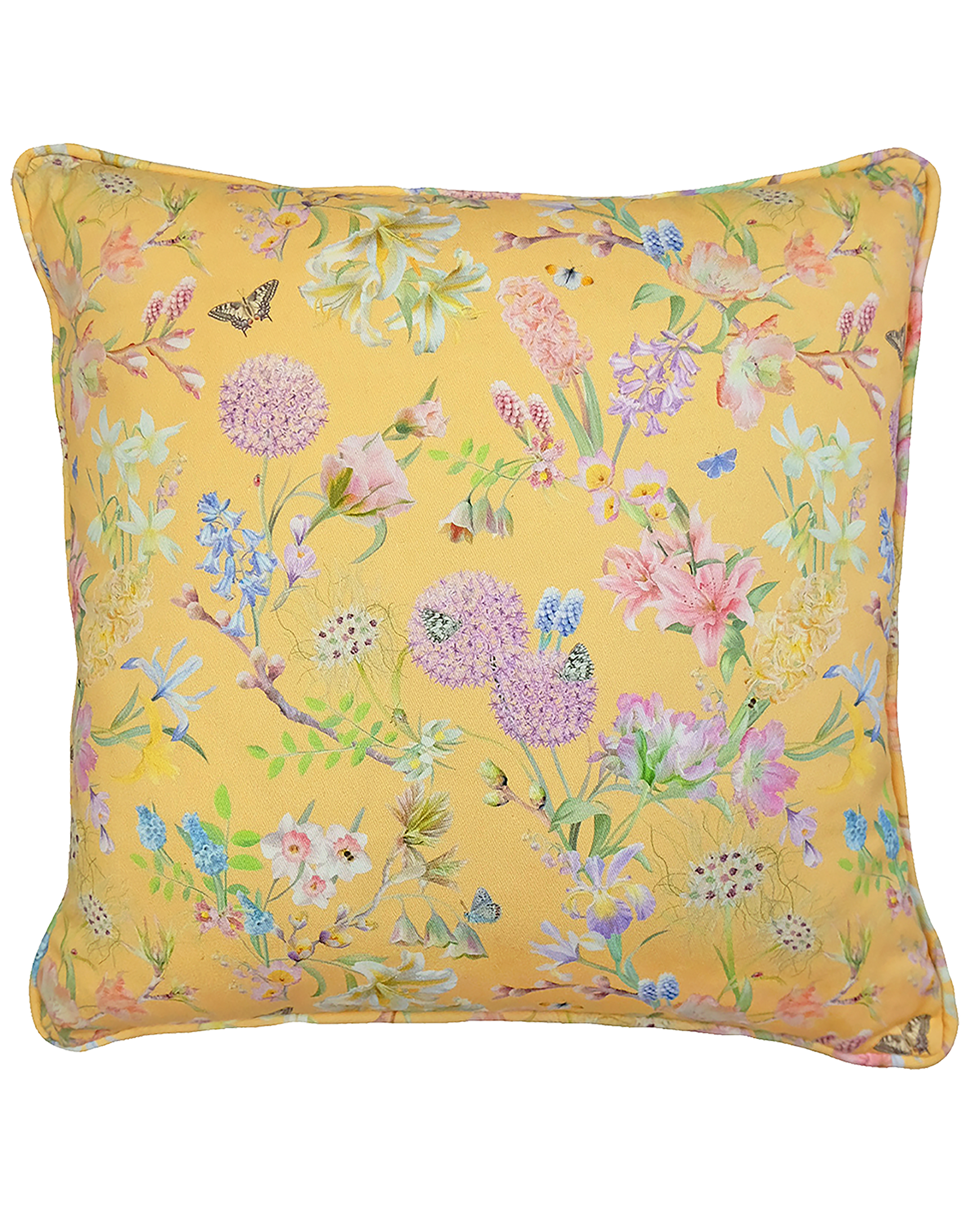 pale buttery yellow pillow with a spring flower unique design in eco friendly fabrics