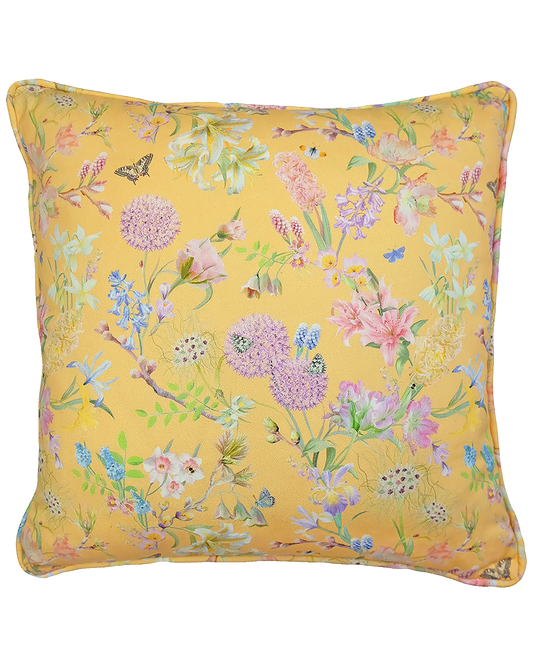 pale buttery yellow pillow with a spring flower unique design in eco friendly fabrics