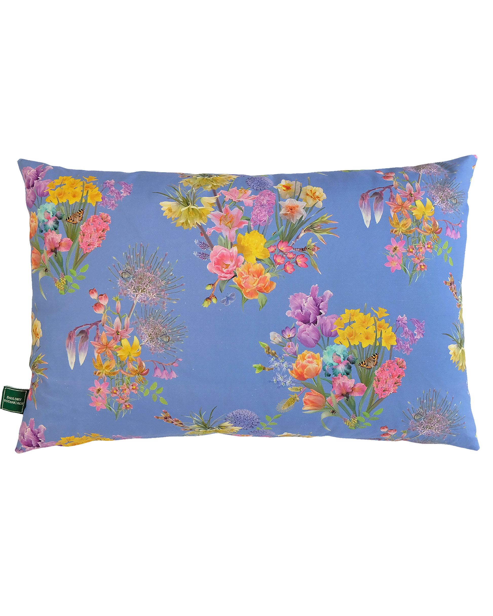 Bright blue hemp pillow for relaxing sustainable interior design inspiration with bold colourful floral patterns